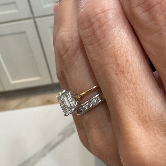 Gold Bridal Set- 2CT Emerald Cut Engagement Ring &White Gold Wedding Band - Picture 3 of 9